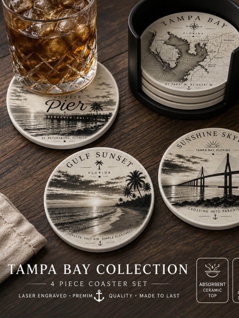 🌴 Tampa Bay Ceramic Coaster Set 🌴